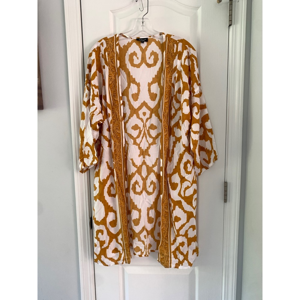 Tolani Mustard Yellow White‎ Ikat Damask Modal Kimono Duster Cardigan OS Boho
